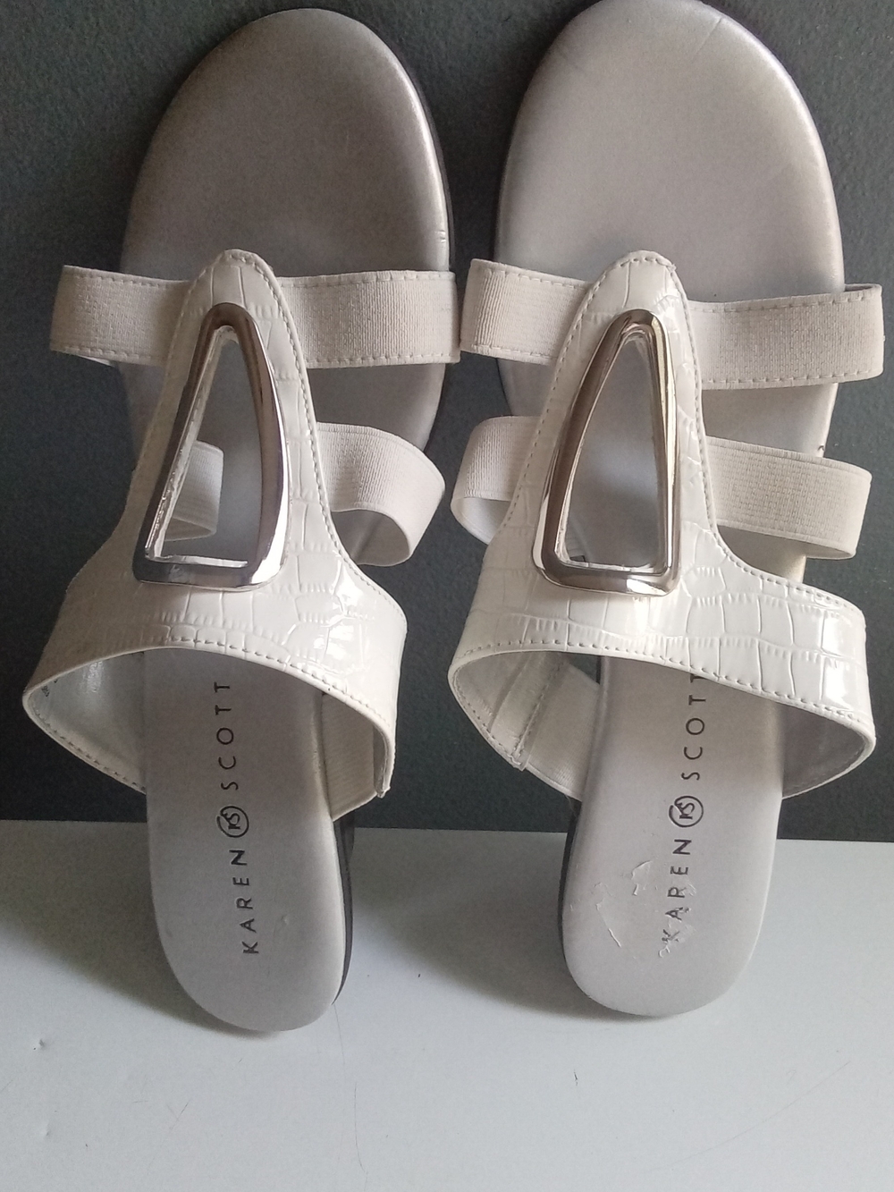 Karen Scott White Croc-Embossed Slide Sandals with Silver Trim